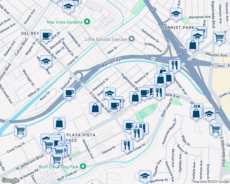 map of restaurants, bars, coffee shops, grocery stores, and more near 12071 Beatrice Street in Culver City