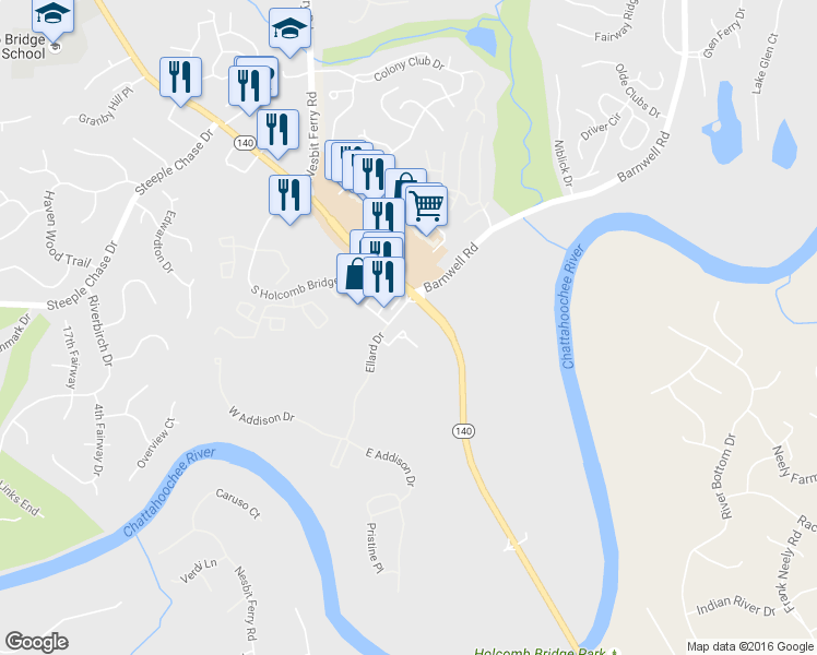 map of restaurants, bars, coffee shops, grocery stores, and more near 9042 Riverbend Manor in Alpharetta