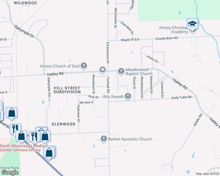 map of restaurants, bars, coffee shops, grocery stores, and more near 403 Tschudi Road in Amory