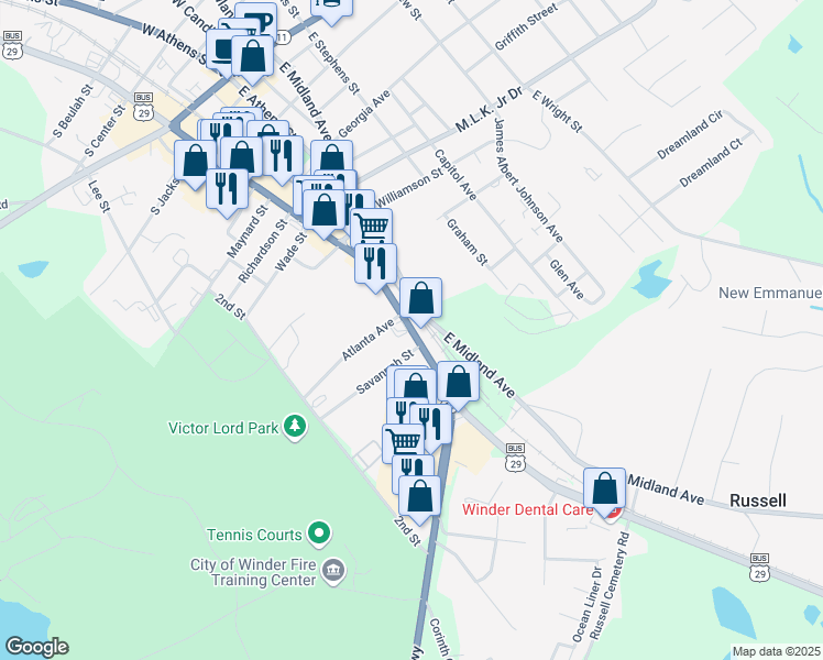 map of restaurants, bars, coffee shops, grocery stores, and more near 104 Atlanta Highway Southeast in Winder