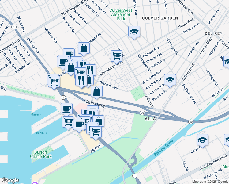 map of restaurants, bars, coffee shops, grocery stores, and more near 4501 Glencoe Avenue in Marina del Rey