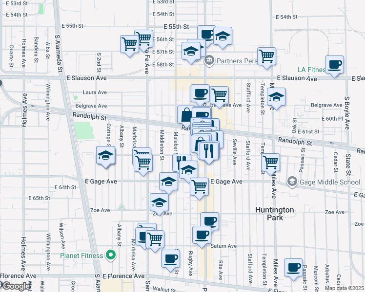 map of restaurants, bars, coffee shops, grocery stores, and more near 6155 Rugby Avenue in Huntington Park
