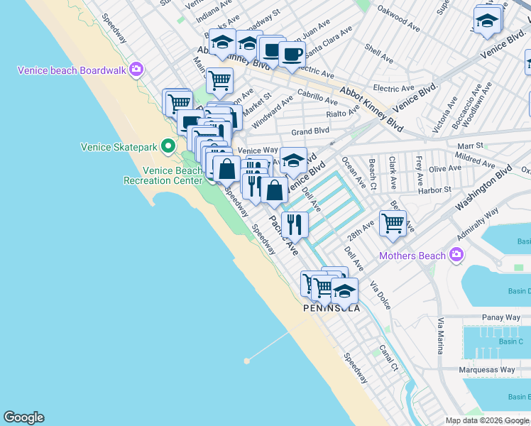 map of restaurants, bars, coffee shops, grocery stores, and more near 40 South Venice Boulevard in Los Angeles