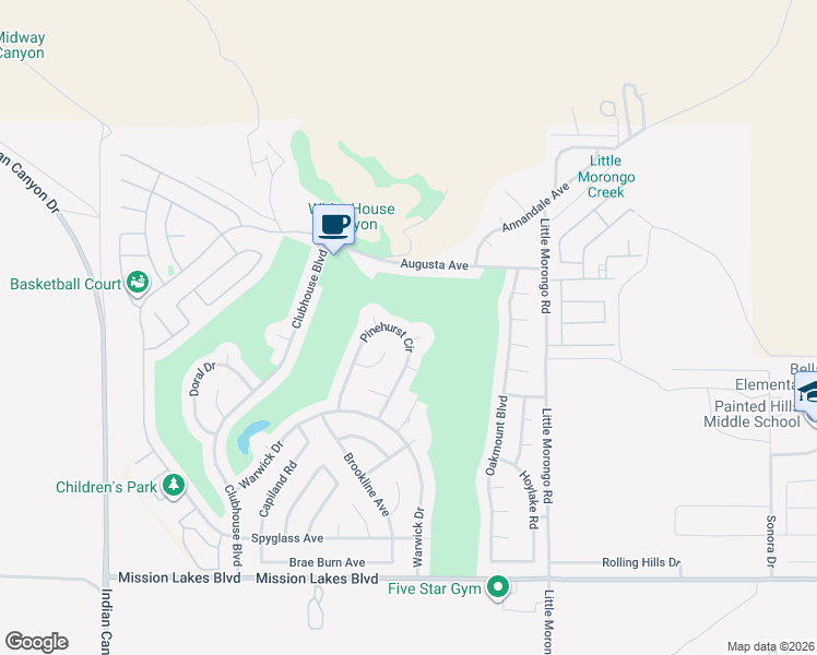 map of restaurants, bars, coffee shops, grocery stores, and more near 64670 Pinehurst Circle in Desert Hot Springs