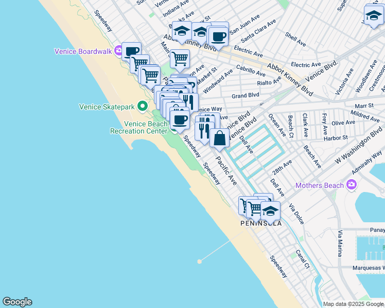 map of restaurants, bars, coffee shops, grocery stores, and more near 2 North Venice Boulevard in Los Angeles
