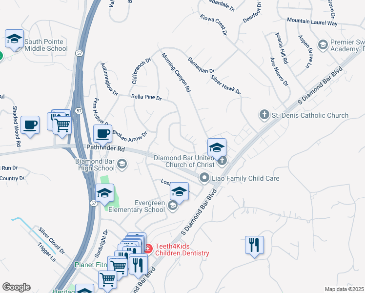map of restaurants, bars, coffee shops, grocery stores, and more near 2118 Tierra Loma Drive in Diamond Bar