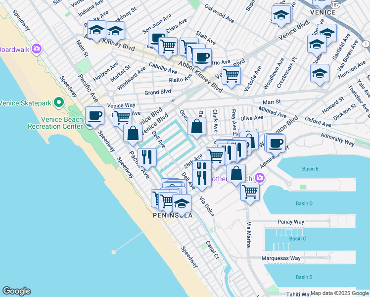 map of restaurants, bars, coffee shops, grocery stores, and more near 439 Sherman Canal in Los Angeles