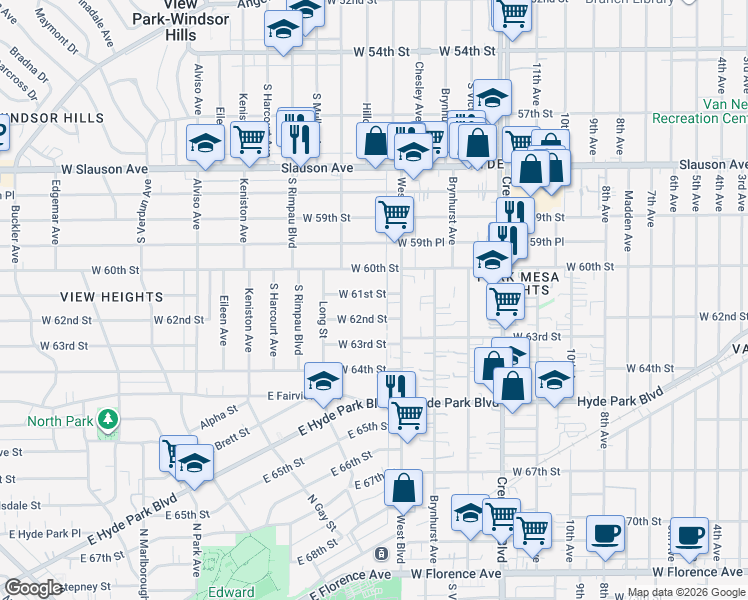 map of restaurants, bars, coffee shops, grocery stores, and more near 3630 West 61st Street in Los Angeles
