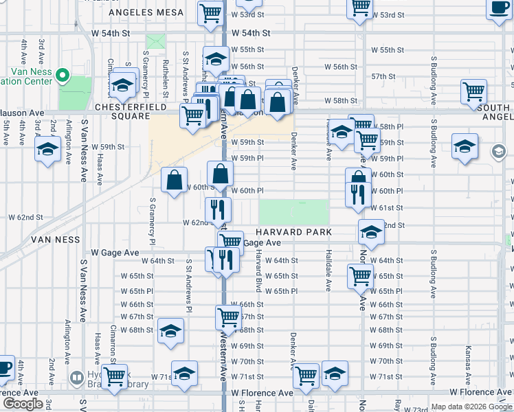 map of restaurants, bars, coffee shops, grocery stores, and more near 6115 Harvard Boulevard in Los Angeles