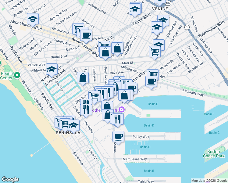 map of restaurants, bars, coffee shops, grocery stores, and more near 587 Washington Boulevard in Marina del Rey