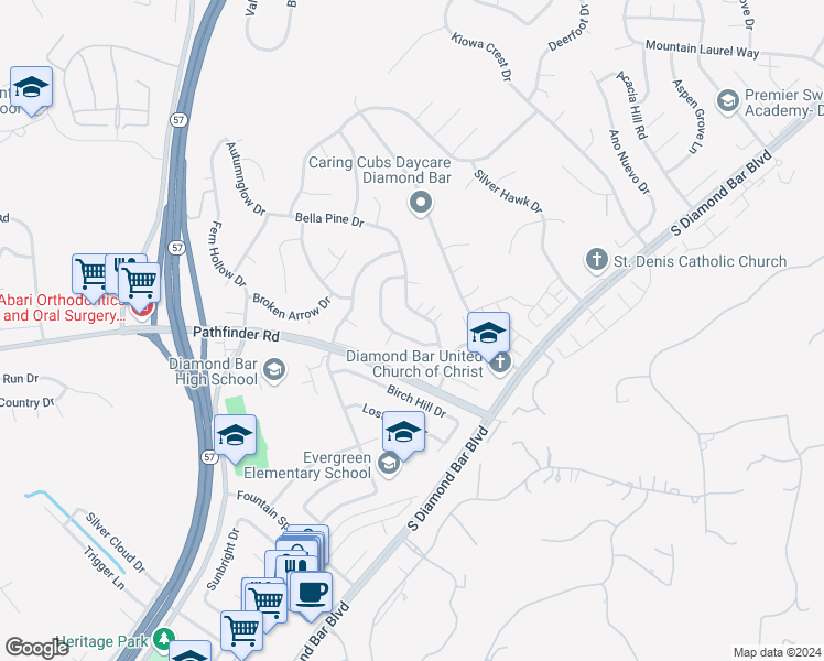 map of restaurants, bars, coffee shops, grocery stores, and more near 2118 Tierra Loma Drive in Diamond Bar