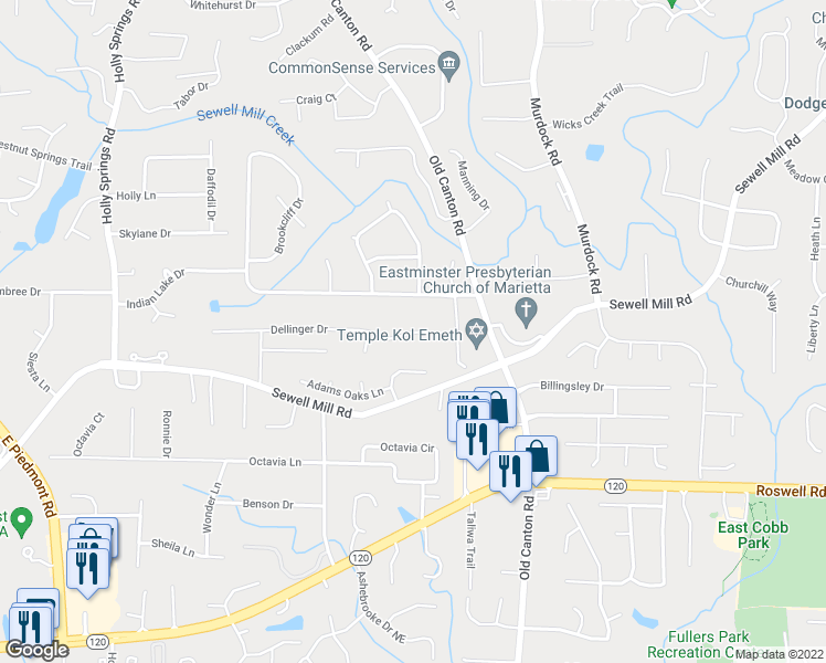 map of restaurants, bars, coffee shops, grocery stores, and more near 2925 Dellinger Drive in Marietta
