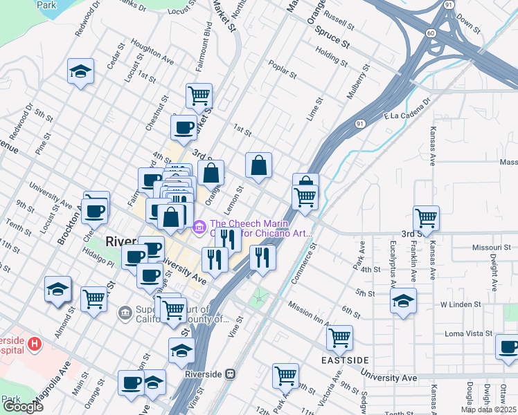 map of restaurants, bars, coffee shops, grocery stores, and more near 3390 Lime Street in Riverside
