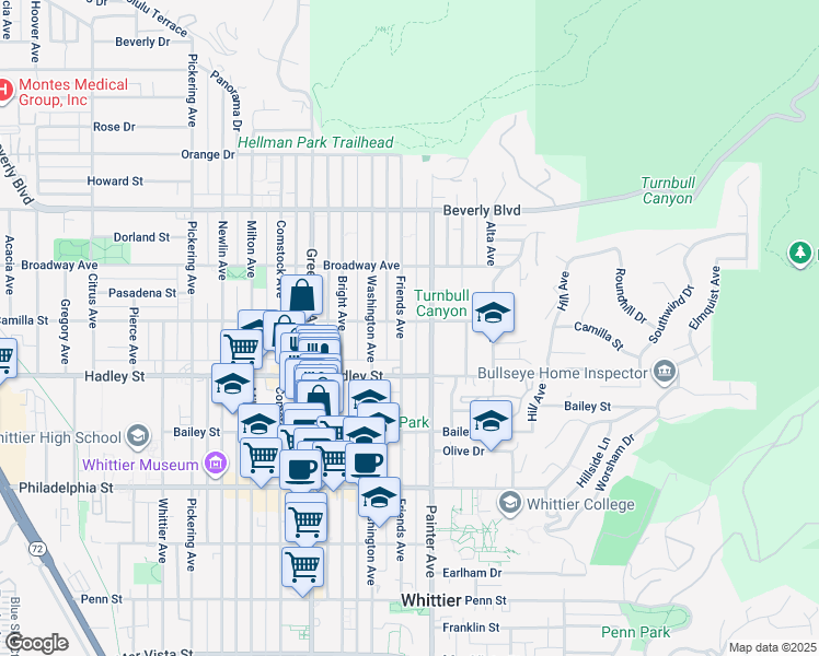 map of restaurants, bars, coffee shops, grocery stores, and more near 6304 Friends Avenue in Whittier