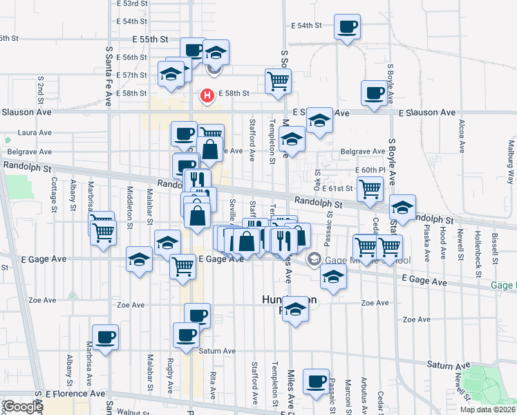 map of restaurants, bars, coffee shops, grocery stores, and more near 2 Stafford Avenue in Huntington Park