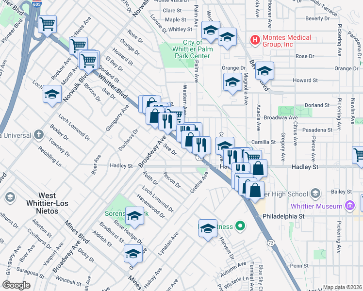 map of restaurants, bars, coffee shops, grocery stores, and more near 11448 Whittier Boulevard in Whittier