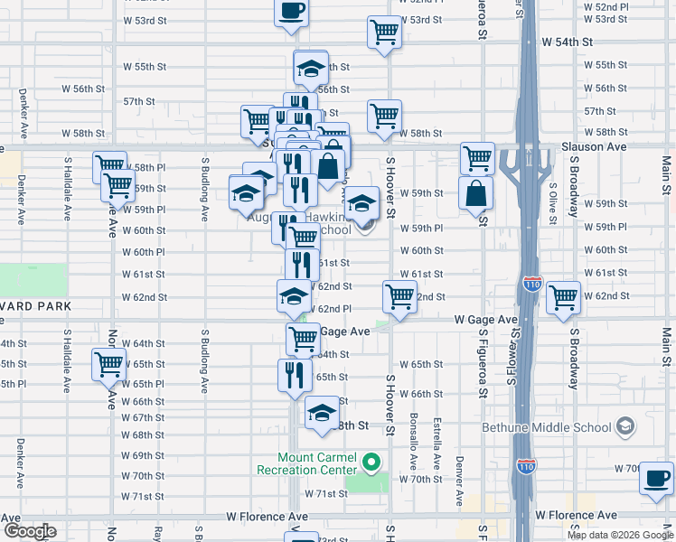 map of restaurants, bars, coffee shops, grocery stores, and more near 6111 Menlo Avenue in Los Angeles