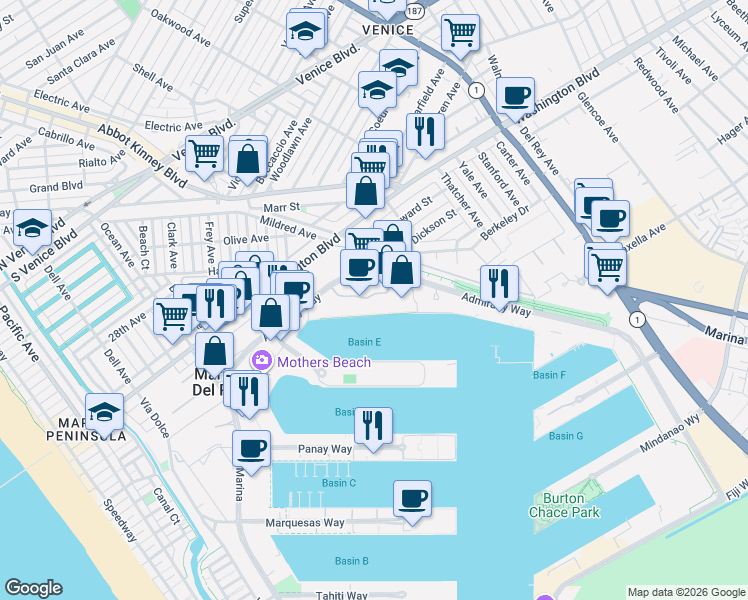 map of restaurants, bars, coffee shops, grocery stores, and more near 4337 Marina City Drive in Marina del Rey