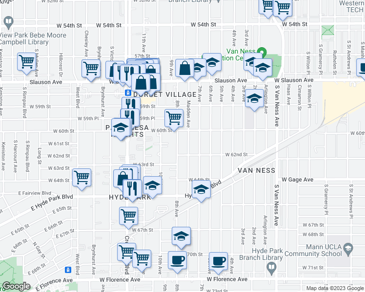 map of restaurants, bars, coffee shops, grocery stores, and more near 6104 1/2 8th Avenue in Los Angeles
