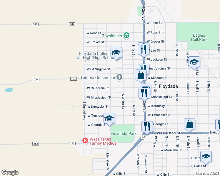 map of restaurants, bars, coffee shops, grocery stores, and more near 801 West California Street in Floydada