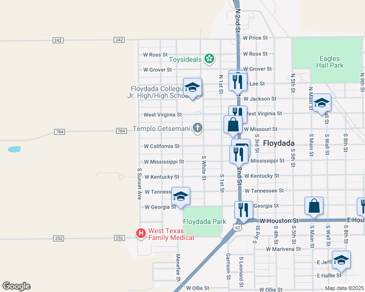 map of restaurants, bars, coffee shops, grocery stores, and more near 201 South Tree Street in Floydada