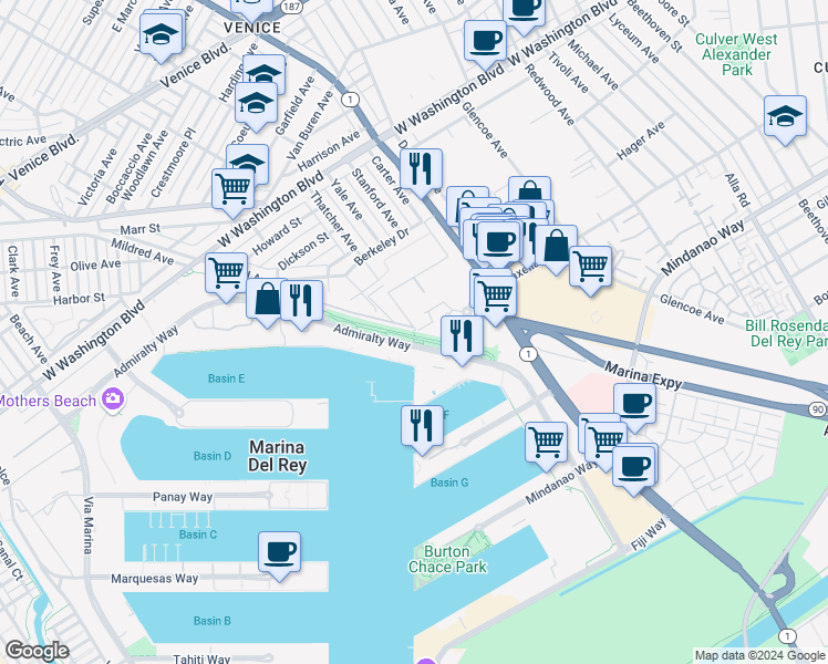 map of restaurants, bars, coffee shops, grocery stores, and more near 450 Marvin Braude Bike Path in Marina del Rey