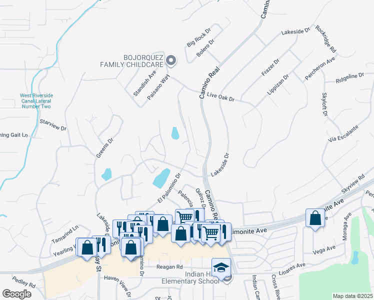 map of restaurants, bars, coffee shops, grocery stores, and more near 5729 El Palomino Drive in Riverside