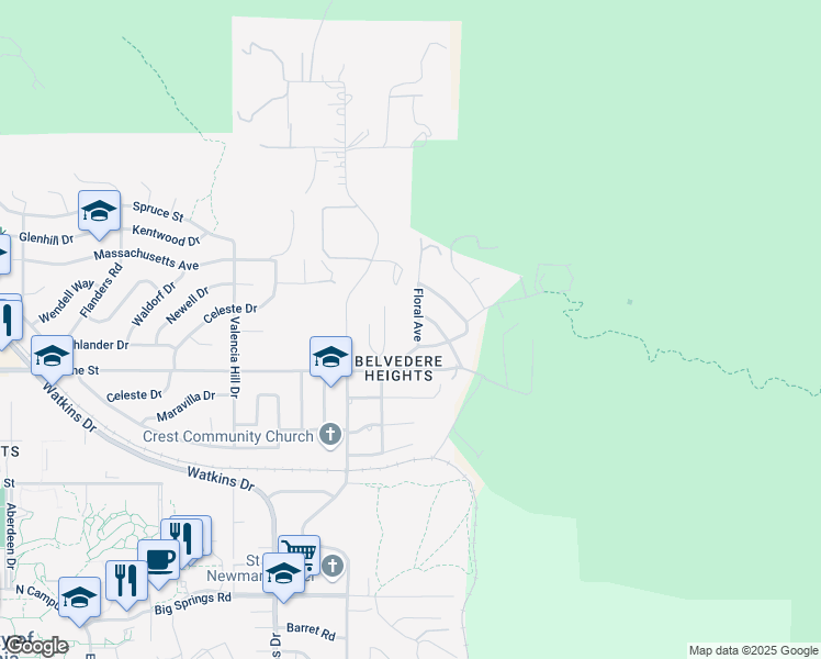map of restaurants, bars, coffee shops, grocery stores, and more near 3156 Floral Avenue in Riverside