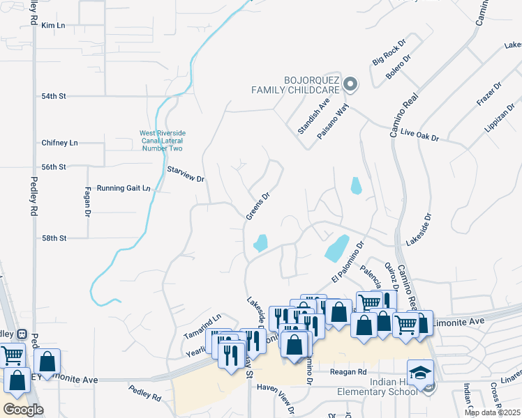 map of restaurants, bars, coffee shops, grocery stores, and more near 5760 Greens Drive in Riverside
