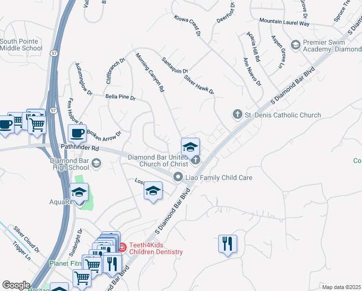 map of restaurants, bars, coffee shops, grocery stores, and more near 2303 Presado Drive in Diamond Bar