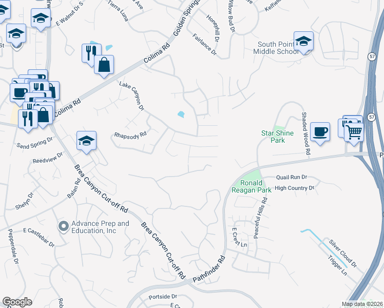 map of restaurants, bars, coffee shops, grocery stores, and more near 20502 Missionary Ridge Street in Walnut