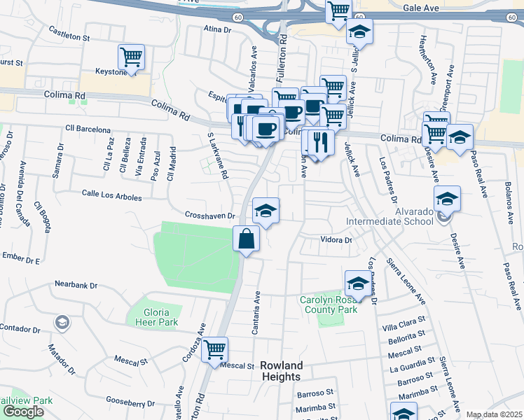 map of restaurants, bars, coffee shops, grocery stores, and more near 1940 Fullerton Road in Rowland Heights