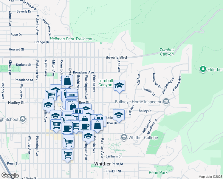 map of restaurants, bars, coffee shops, grocery stores, and more near 13422 Camilla Street in Whittier