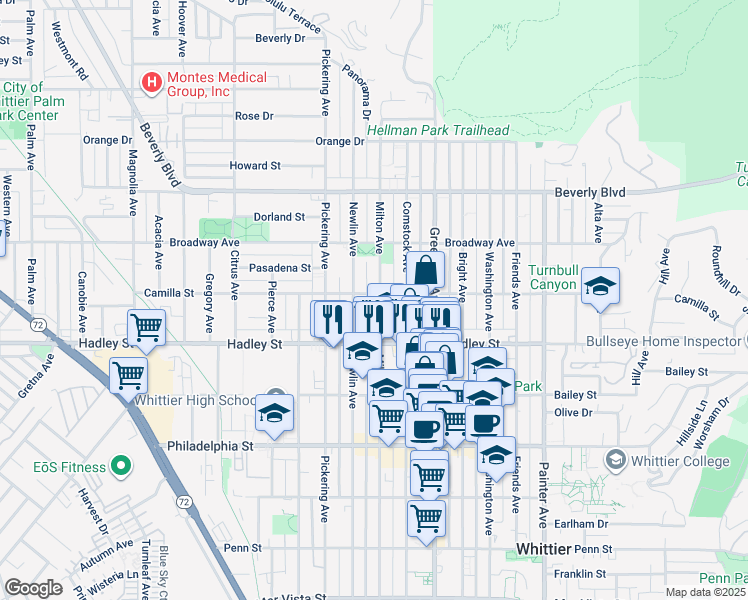map of restaurants, bars, coffee shops, grocery stores, and more near 6316 Milton Avenue in Whittier