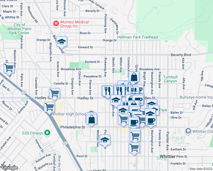 map of restaurants, bars, coffee shops, grocery stores, and more near 6313 Pickering Avenue in Whittier