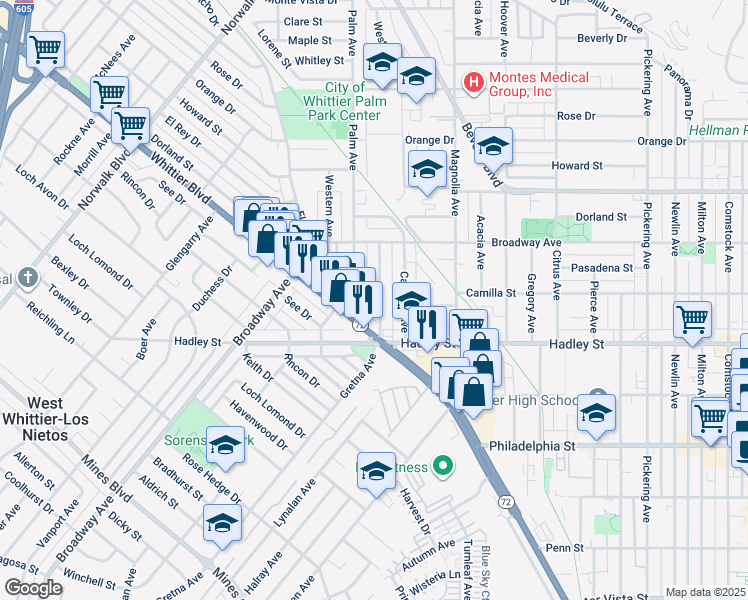 map of restaurants, bars, coffee shops, grocery stores, and more near 6318 Palm Avenue in Whittier