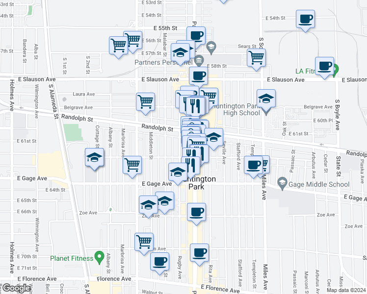 map of restaurants, bars, coffee shops, grocery stores, and more near 6215 Pacific Boulevard in Huntington Park