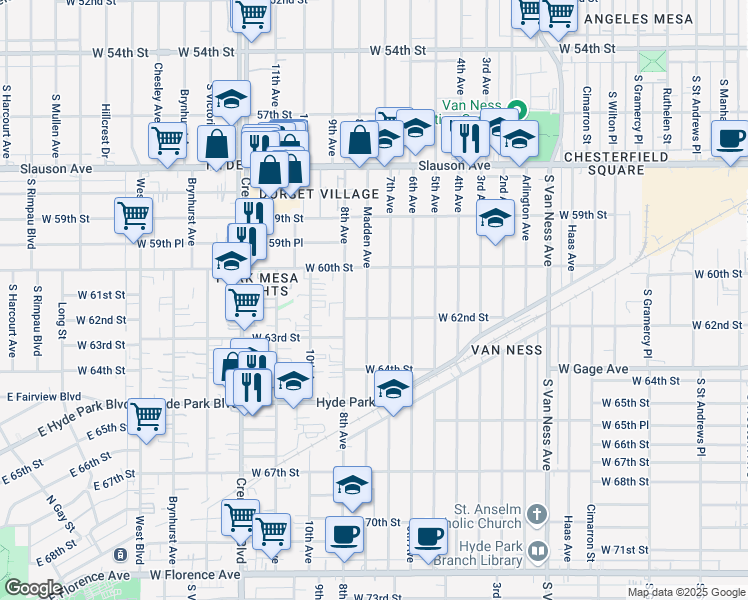map of restaurants, bars, coffee shops, grocery stores, and more near 6050 7th Avenue in Los Angeles
