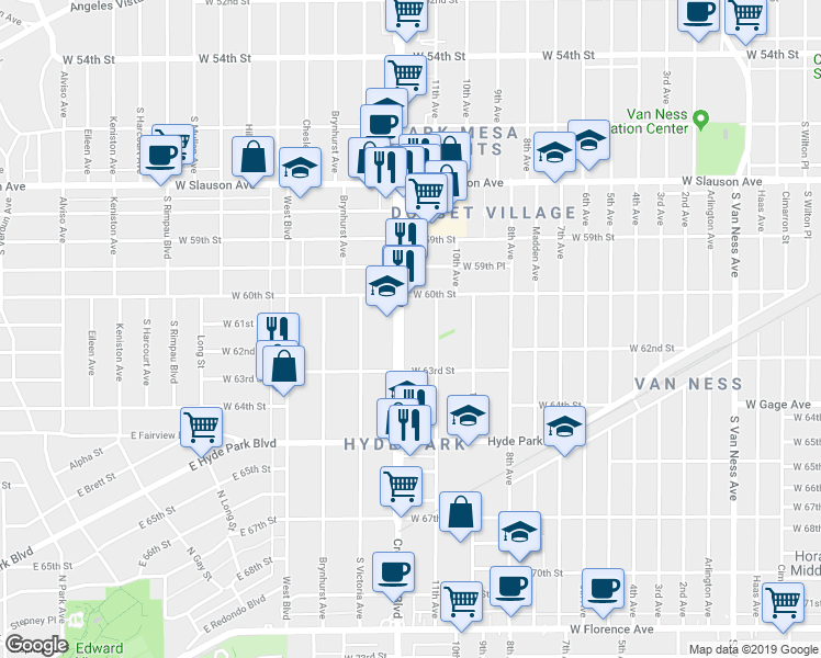map of restaurants, bars, coffee shops, grocery stores, and more near 6030 Crenshaw Boulevard in Los Angeles