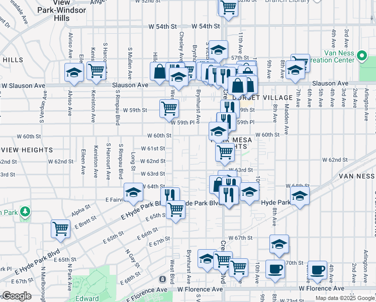 map of restaurants, bars, coffee shops, grocery stores, and more near 6114 Brynhurst Avenue in Los Angeles