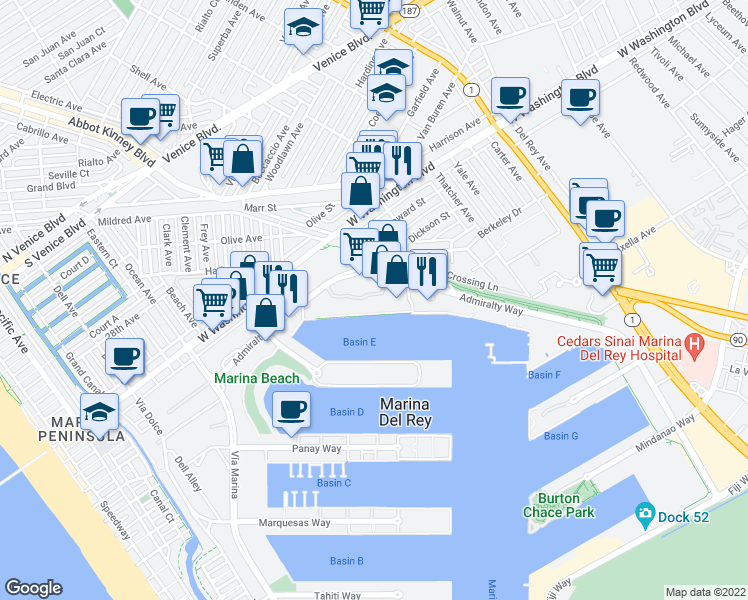 map of restaurants, bars, coffee shops, grocery stores, and more near 4300 Promenade Way in Marina del Rey