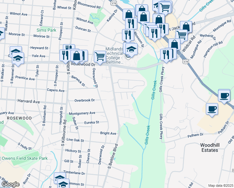 map of restaurants, bars, coffee shops, grocery stores, and more near 510 South Beltline Boulevard in Columbia