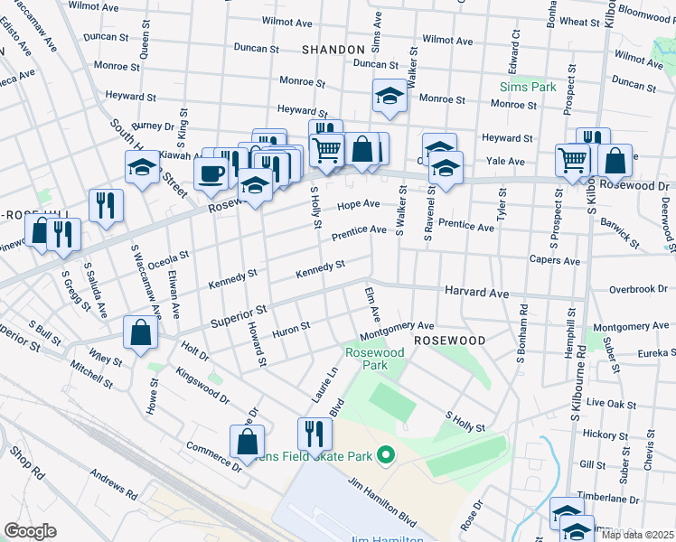 map of restaurants, bars, coffee shops, grocery stores, and more near 3013 Superior Street in Columbia