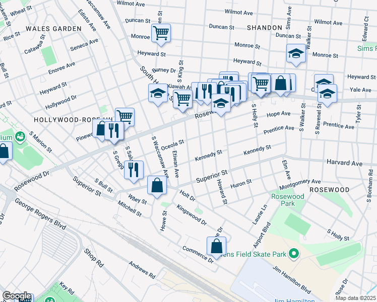 map of restaurants, bars, coffee shops, grocery stores, and more near 521 Graymont Avenue in Columbia