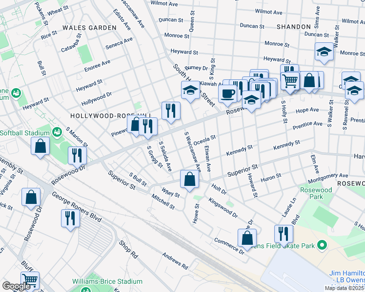 map of restaurants, bars, coffee shops, grocery stores, and more near 503 South Waccamaw Avenue in Columbia