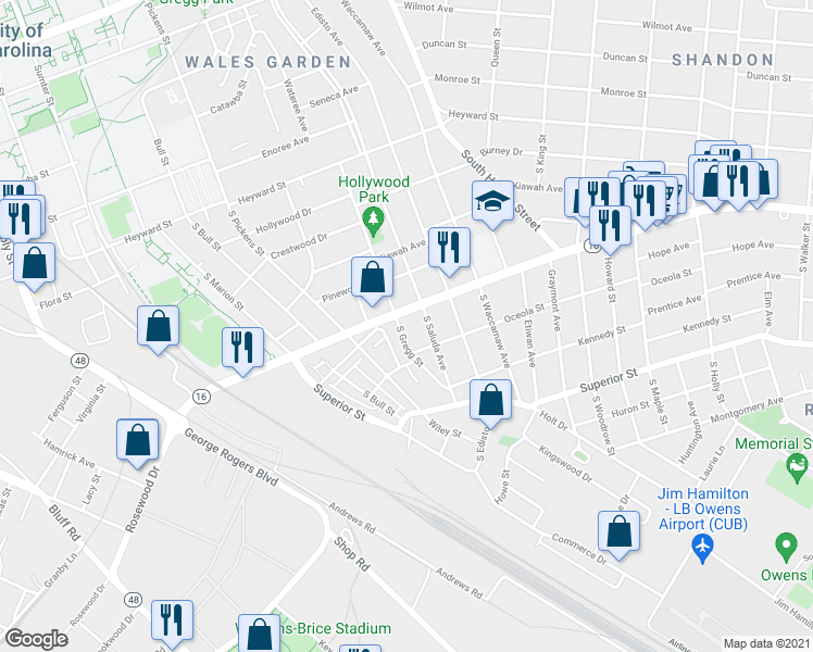 map of restaurants, bars, coffee shops, grocery stores, and more near 412 South Gregg Street in Columbia