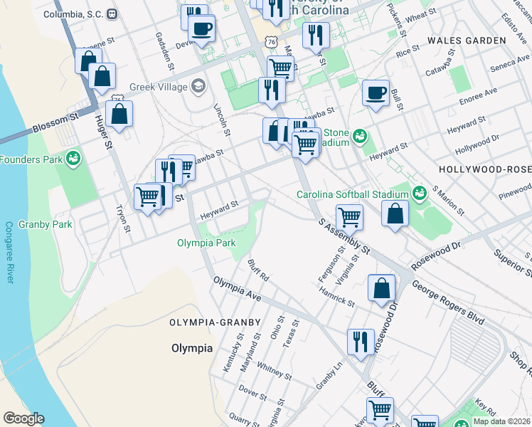 map of restaurants, bars, coffee shops, grocery stores, and more near 35 Bluff Road in Columbia