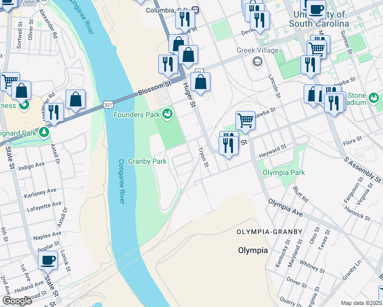 map of restaurants, bars, coffee shops, grocery stores, and more near 202 Williams Street in Columbia