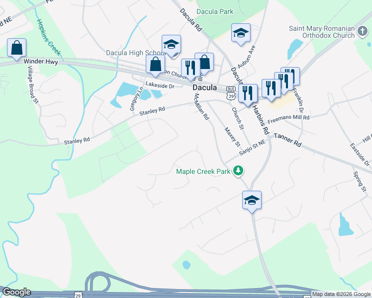 map of restaurants, bars, coffee shops, grocery stores, and more near 2400 Fortune Drive in Dacula
