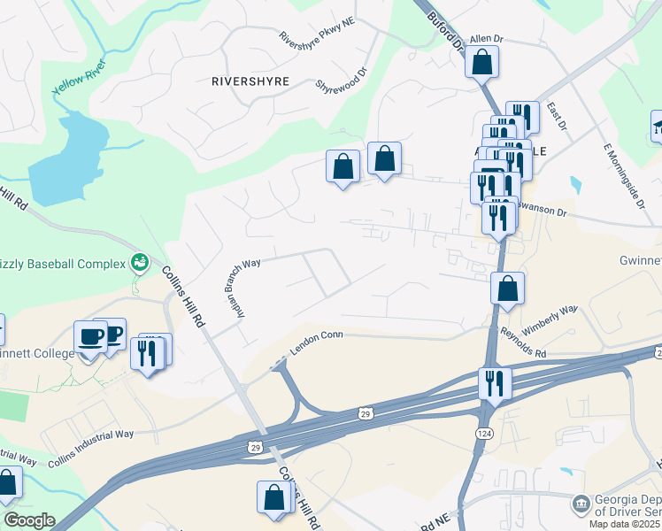 map of restaurants, bars, coffee shops, grocery stores, and more near 299 Indian Branch Way in Lawrenceville